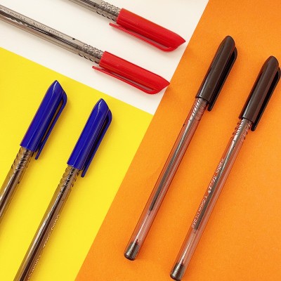 源头厂家批发简易插套透明黑1.0子弹头红蓝黑色中油笔塑料圆珠笔