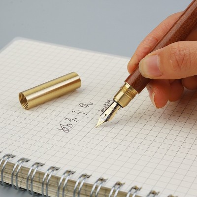 复古檀木钢笔轻巧实木笔杆手绘练字签名黄铜文玩收藏礼品木质钢笔